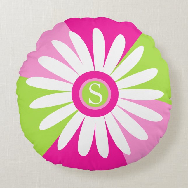 Daisy Grafik Blume Monogramm Wurfkissen Rundes Kissen (Vorderseite)