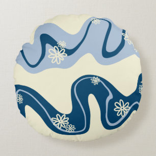 Daisy Groove - Dark Blue, Light Blue und Cream Rundes Kissen