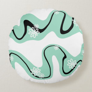 Daisy Groove in Mint Green, Black und White Rundes Kissen