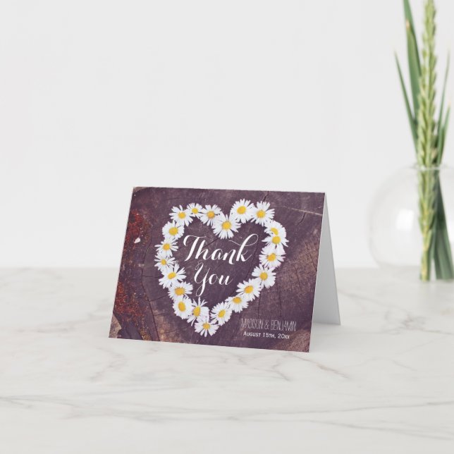Daisy Heart Rustic Wood Wedding Dankeschön Karte (Vorderseite)