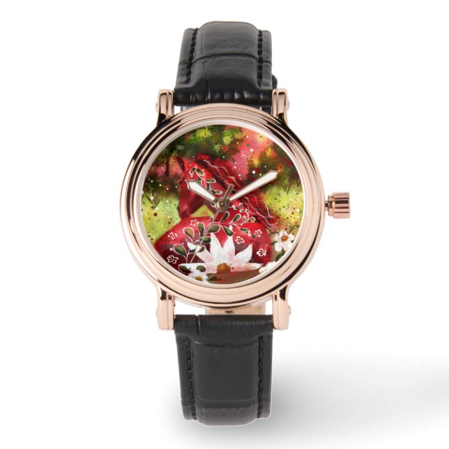Daisy Horse Abstrakt Art Red White Green Armbanduhr (Vorderseite)