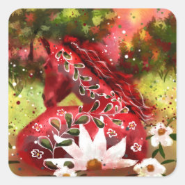 Daisy Horse Abstrakt Art Red White Green Quadratischer Aufkleber