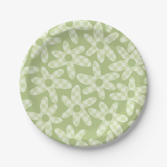 Daisy Karo Sage Green Retro Modernes Muster Pappteller (Vorderseite)