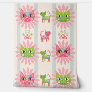 daisy kitty cat face papier peint rayé bleu