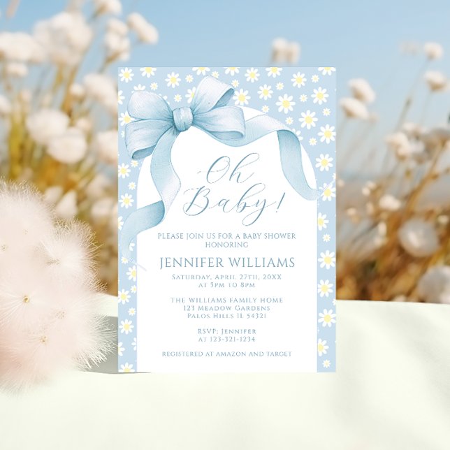 Daisy Light Blue Floral Bow Ribbon Baby Boy Dusche Einladung (Von Creator hochgeladen)