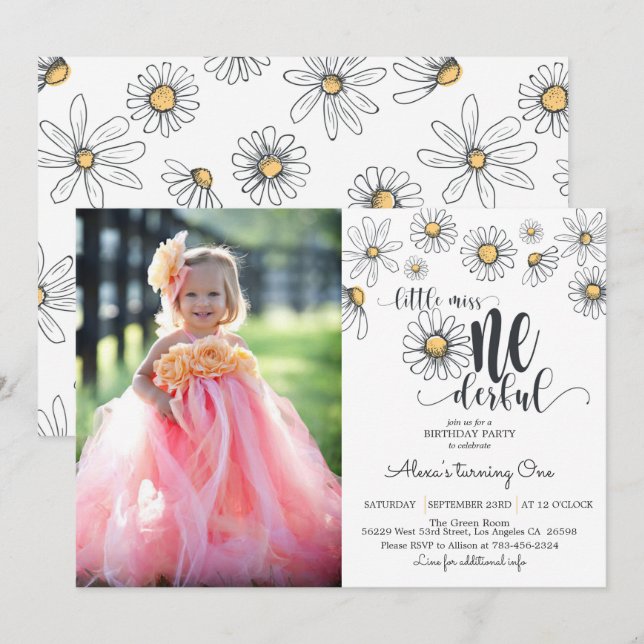 Daisy Little Miss ONEderful Einladung w/Foto - W (Vorne/Hinten)