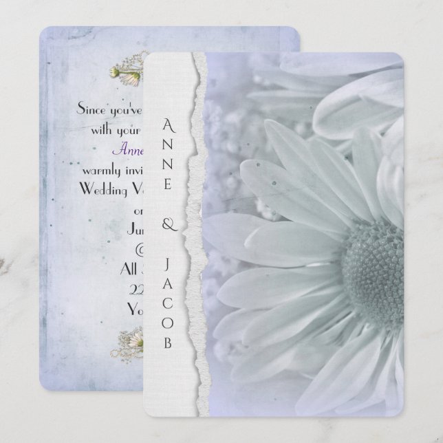Daisy Makro in lila Farbe mit abgerissenem Papier Einladung (Vorne/Hinten)