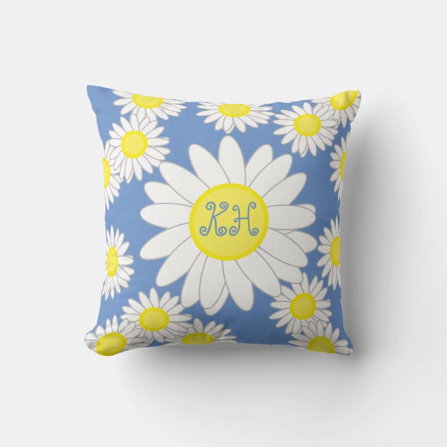 Daisy Monogram Blue White und Yellow Kissen (Vorderseite)