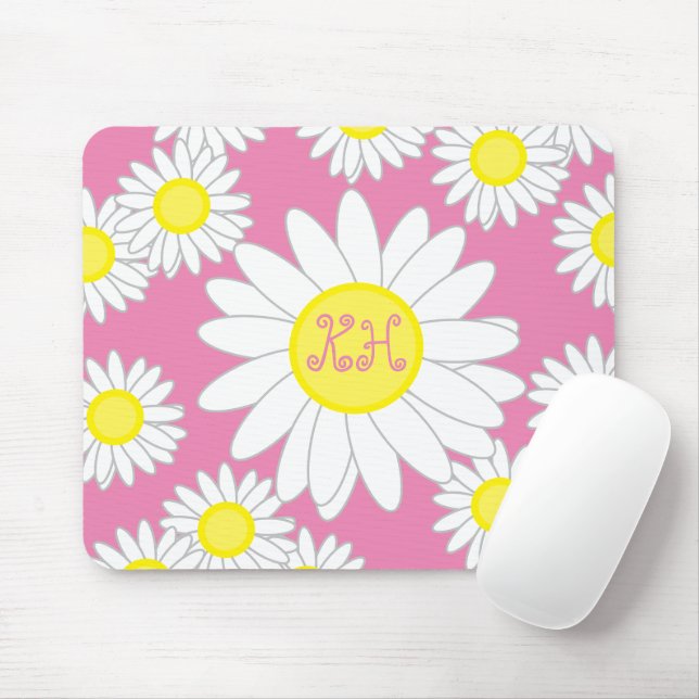 Daisy Monogram Pink White und Gelb Mousepad (Mit Mouse)