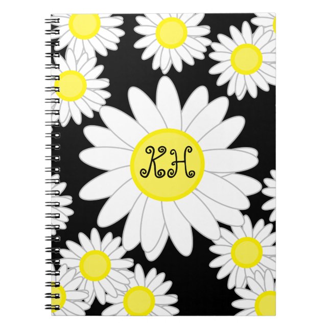 Daisy Monogram Schwarz-weiß und gelb Notizblock (Vorderseite)