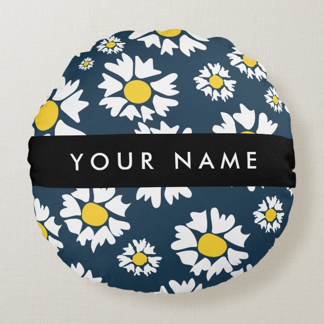 Daisy Muster, White Daisies, Ihr Name Rundes Kissen (Vorderseite)