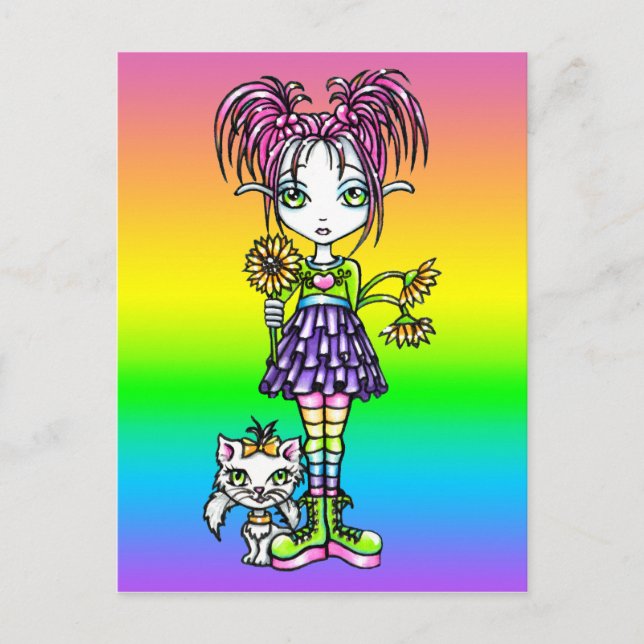 "Daisy" Niedliche Cat Rainbow Blume Kinderkarte Postkarte (Vorderseite)