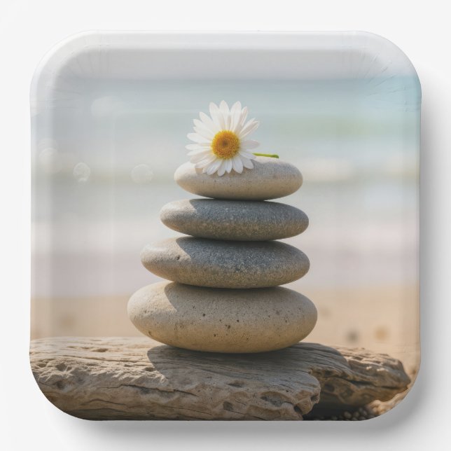 Daisy on a Stone Beach Cairn With Driftwood Pappteller (Vorderseite)