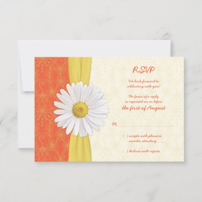 Daisy Orange, Gelb, Elfenbeinheiratskarte RSVP Karte (Vorderseite)