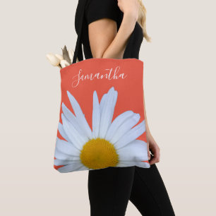 Daisy Orange White Script Tote Bag Tasche
