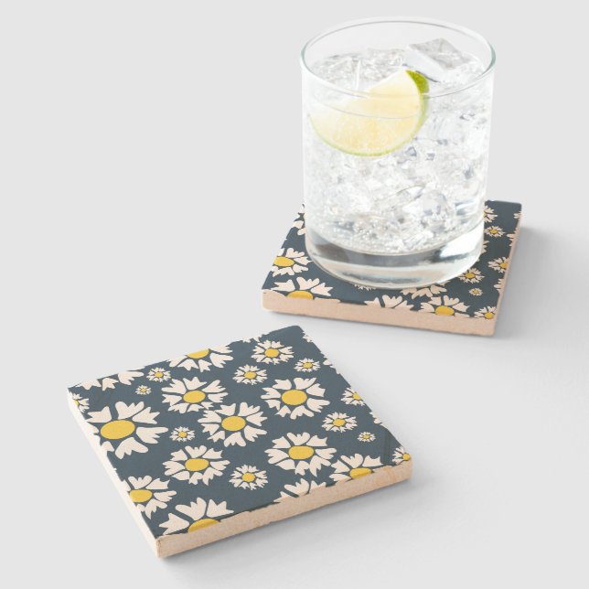 Daisy Pattern, Blumenmuster, weiße Daisien Steinuntersetzer (Seitenansicht)