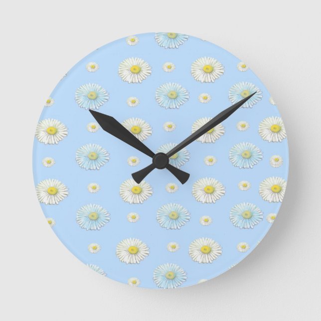 Daisy Pattern on light blue background  Runde Wanduhr (Vorderseite)