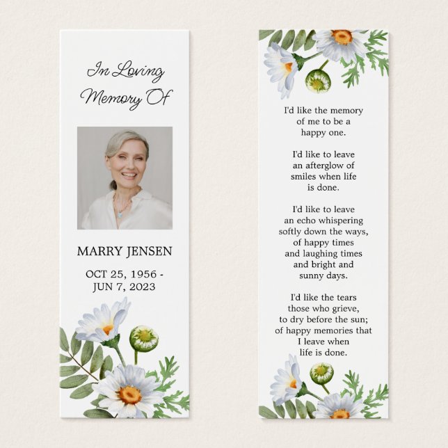 Daisy Photo Funeral Memorial Bookmark (Devant & derrière)