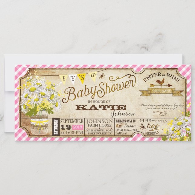 Daisy Picnic Pink Gingham Karo Babydusche Einladung (Vorderseite)