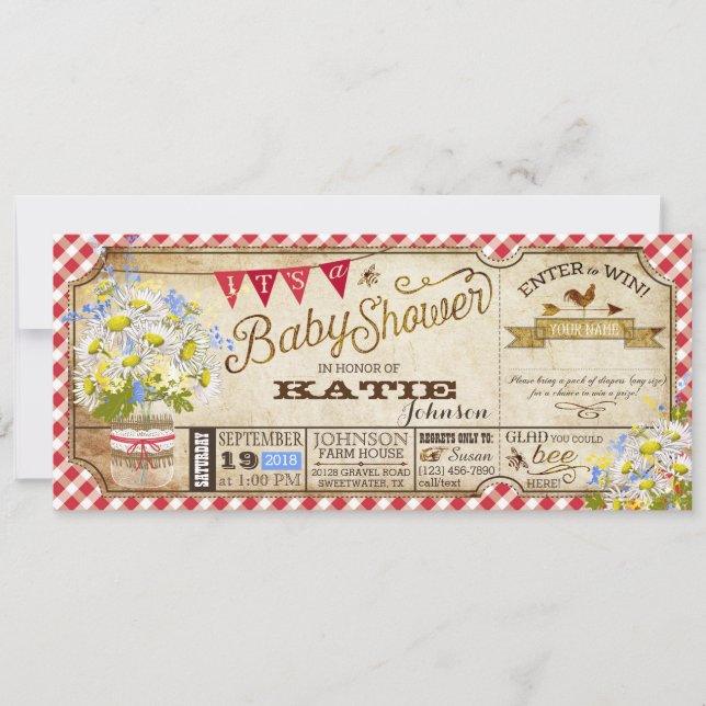 Daisy Picnic Red Gingham Karo Babydusche Einladung (Vorderseite)