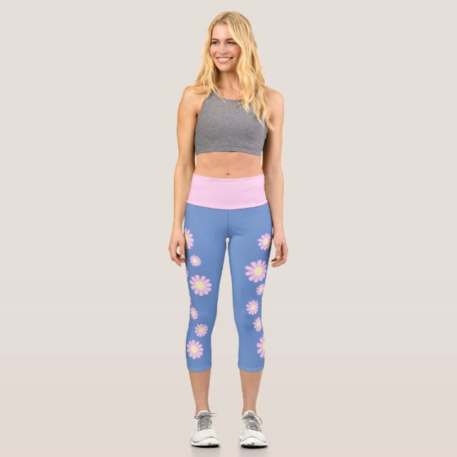 Daisy Pink Blue Capri Leggings (Vorderseite)