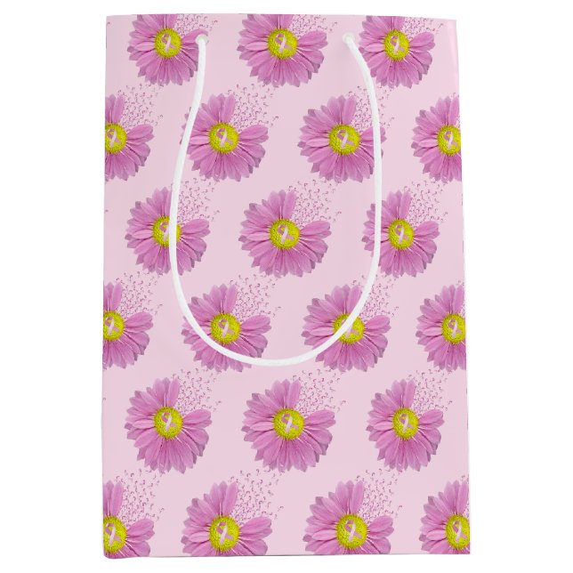 Daisy Pink Breast Cancour Survivor Ribbons Mittlere Geschenktüte (Vorderseite)
