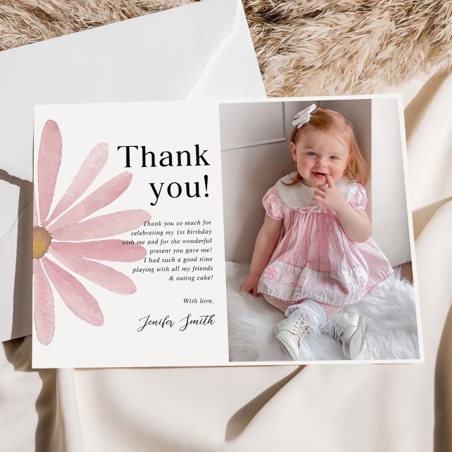 Daisy Pink Girl First Birthday Party Foto Dankeskarte (Von Creator hochgeladen)