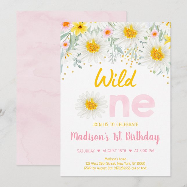 Daisy Pink Gold Wild Ein erster Geburtstag Einladung (Vorne/Hinten)
