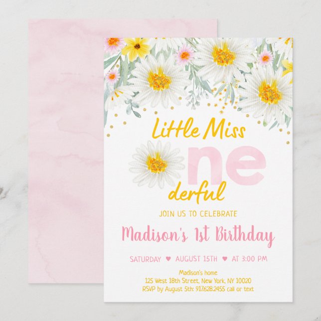 Daisy Pink Gold Wild Einladung zum ersten Geburtst (Vorne/Hinten)