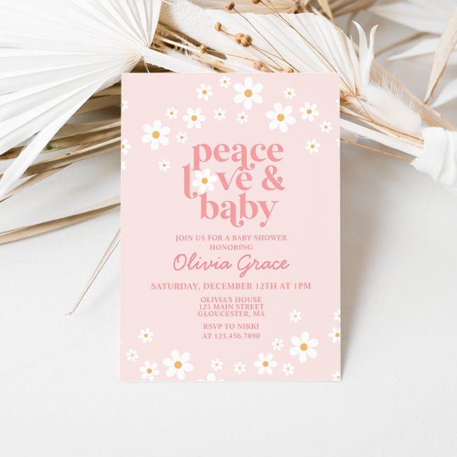 Daisy Pink Retro Peace Liebe Babydusche Einladung (Von Creator hochgeladen)