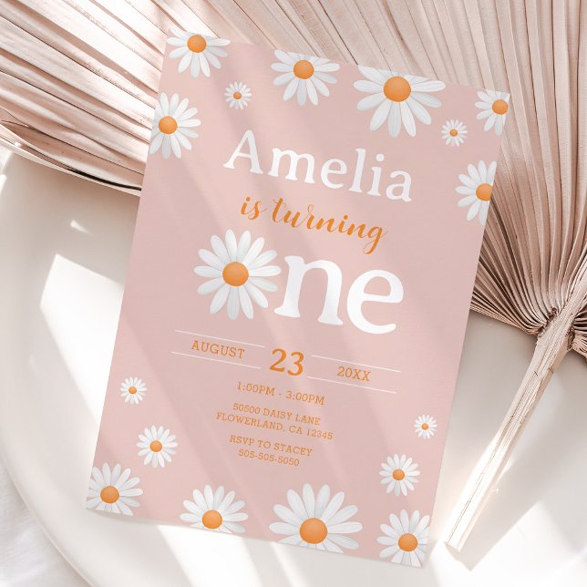 Daisy Première Invitation d'anniversaire, Boho Ros (Daisy Flower First Birthday Invitation)