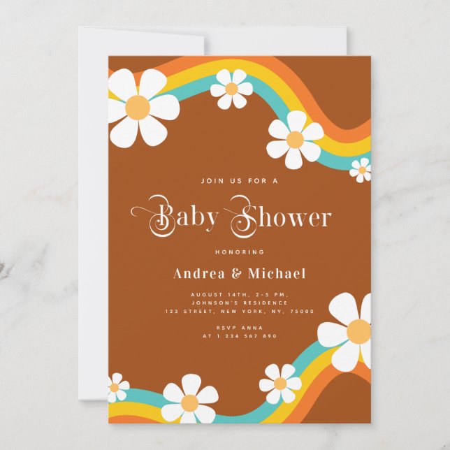 Daisy Rainbow Retro Typografie Hippie Baby Shower Einladung (Vorderseite)