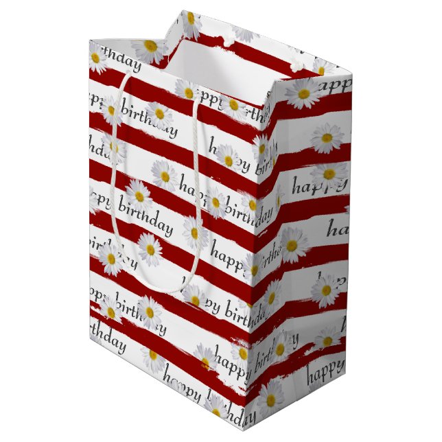 Daisy Red Stripes Birthday Medium Geschenktasche Mittlere Geschenktüte (Rückseite Schrägansicht)