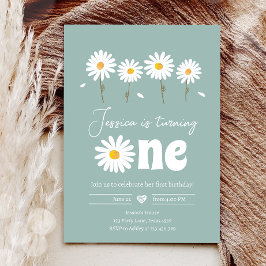 Daisy Retro Boho Party Dusty Blue Erster Geburtsta Einladung