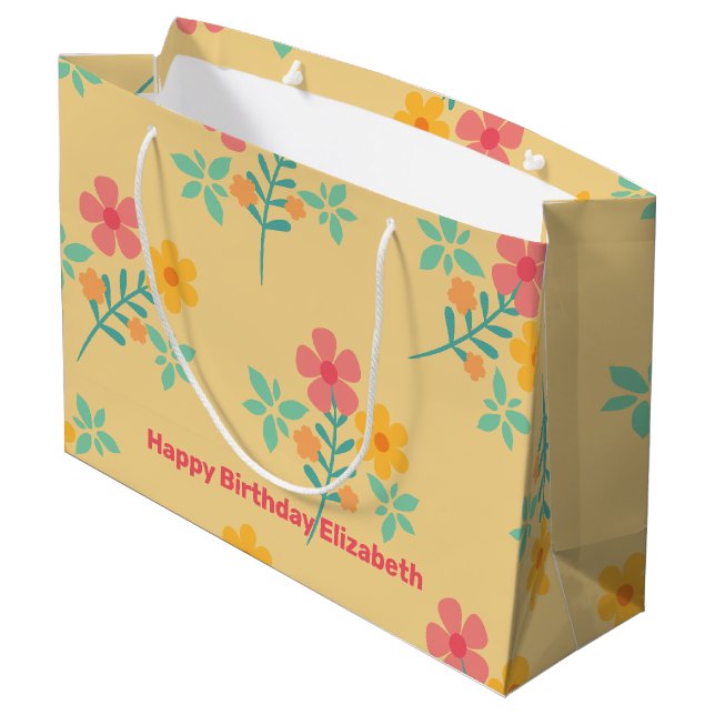 Daisy Retro Bouquet Muster in Gelb, individuell an Große Geschenktüte (Rückseite Schrägansicht)