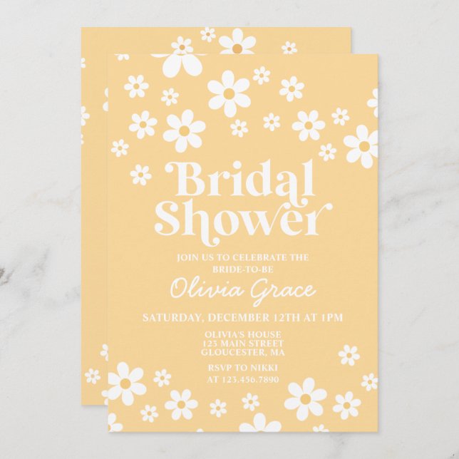 Daisy Retro jaune Floral nuptiale Invitation (Devant / Derrière)