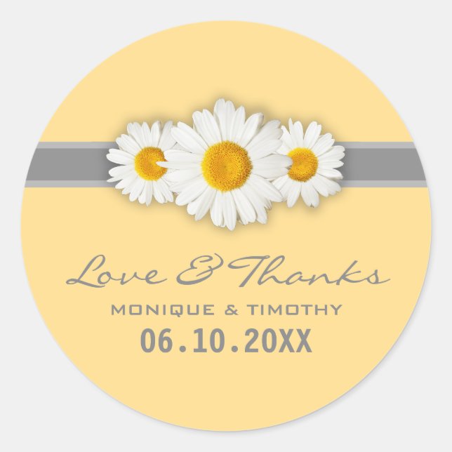 Daisy Ribbon - Yellow Grau & White Vielen Dank Runder Aufkleber (Vorderseite)