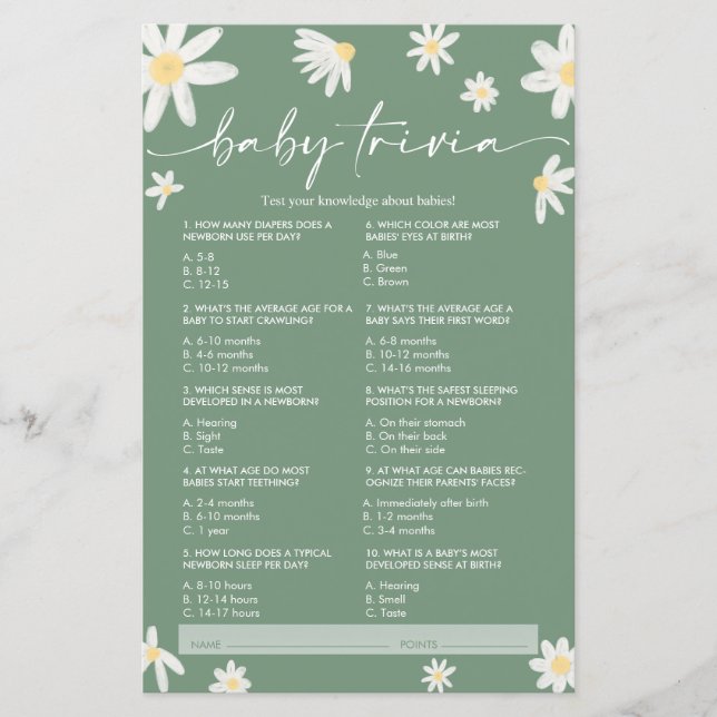 Daisy Sage Green Baby Trivia, Baby Showspiel (Vorderseite)