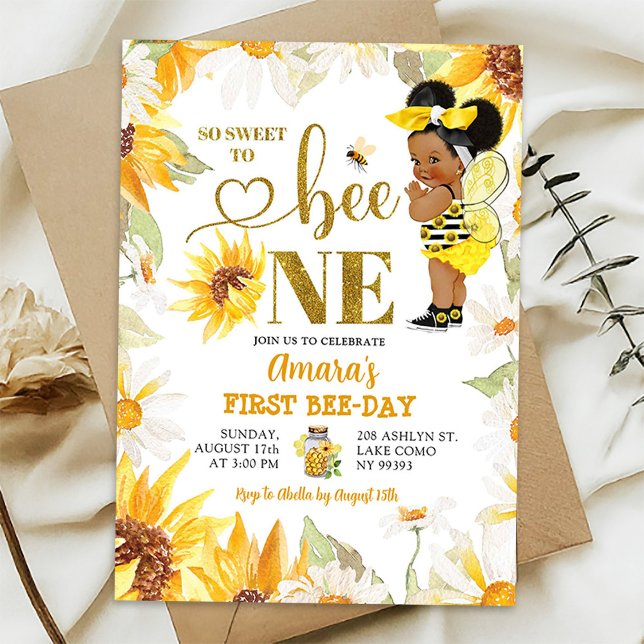Daisy Sonnenblume Afro Girl First Bee Day Geburtst Einladung (Von Creator hochgeladen)
