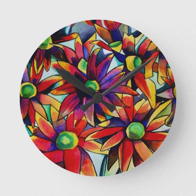 Daisy Straw mehrfarbige Wildblumen Kunst Runde Wanduhr (Vorderseite)