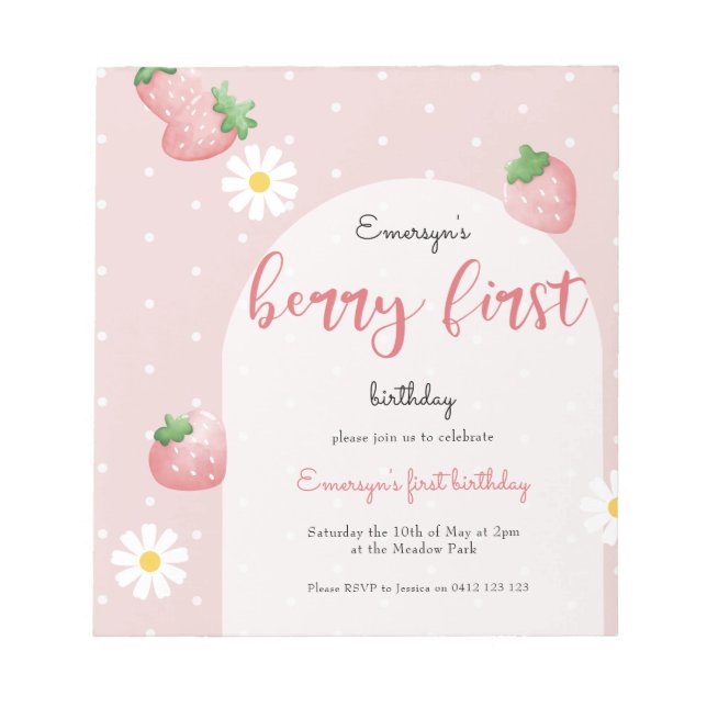 Daisy Strawberry Berry Einladung zum Geburtstag Notizblock (Vorderseite)
