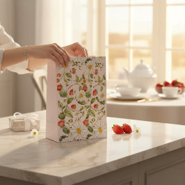 Daisy Strawberry Floral Pattern Light Pink Botanic Mittlere Geschenktüte
