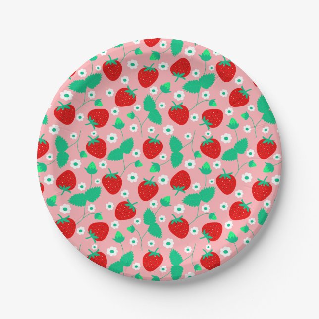 Daisy Strawberry Pattern Pink &amp; Red Pappteller (Vorderseite)