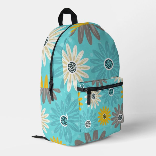 Daisy Teal Flower Pattern Backpack Bedruckter Rucksack (Rückseitige Ecke links)