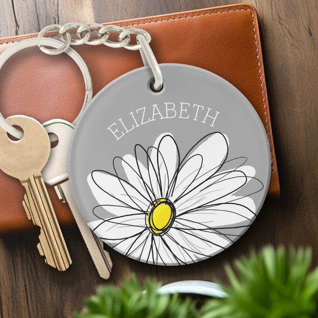 Daisy tendance avec gris et jaune (Personalized Keychain - Keyring with whimsical daisy)