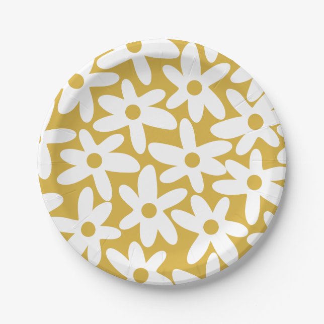 Daisy Time Niedlich Retro Moderne Blume in Mustard Pappteller (Vorderseite)