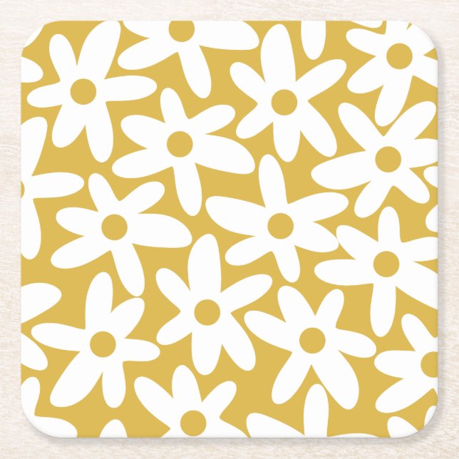 Daisy Time Niedlich Retro Moderne Blume in Mustard Rechteckiger Pappuntersetzer (Vorderseite)