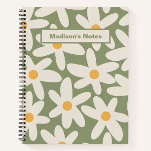 Daisy Time Retro-Blumenmuster Salbei Grün Notizbuch
