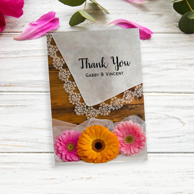 Daisy Trio and Lace Barn Wedding Vielen Dank Mitteilungskarte (Von Creator hochgeladen)