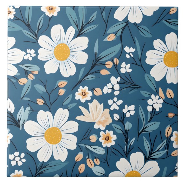 Daisy über Blue Floral Blume Fliese (Vorderseite)
